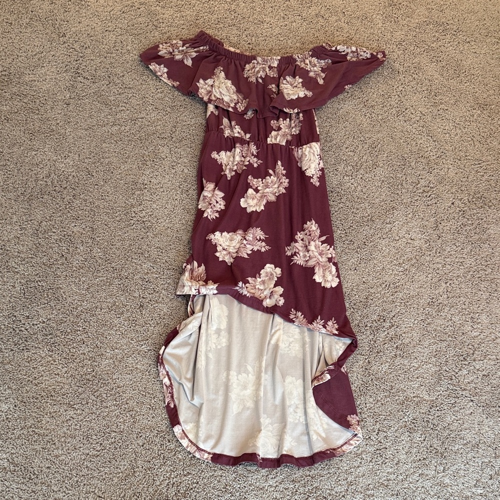 Hot Kiss Burgundy Floral Off-Shoulder High-Low Maxi